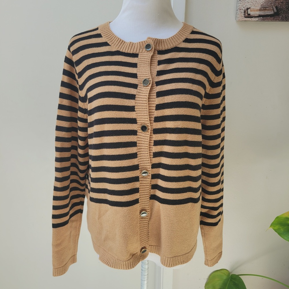 Striped Cardigan Sweater‎ Button Down Knit Top Tan Black Neutral Large Chic Fall